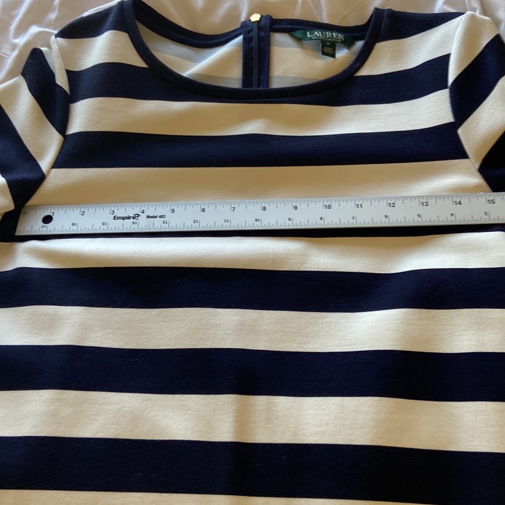 LRalph Lauren Navy White Striped Dress Womens Med Bell Sleeve Midi Nautical - Picture 8 of 11